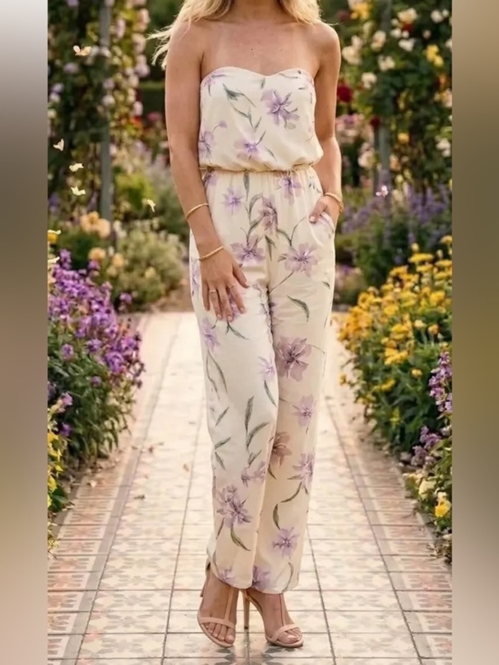 Bardot NWT Sz S Floral Linen Blend jumpsuit Strapless Wide Leg Party Feminine